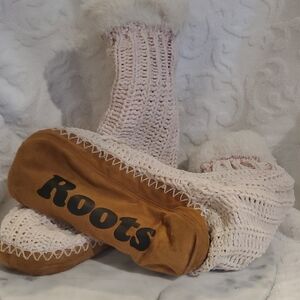 Roots Pink Knit Slipper Socks with Tan Sole